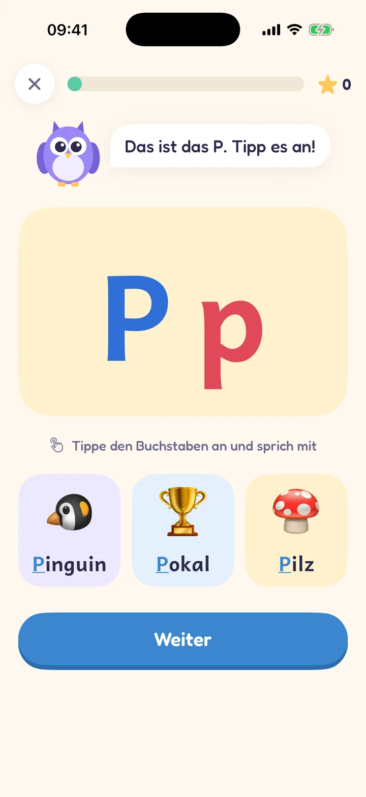 Ein neuer Buchstabe: großes blaues P und rotes p, darunter Pinguin, Pokal und Pilz.