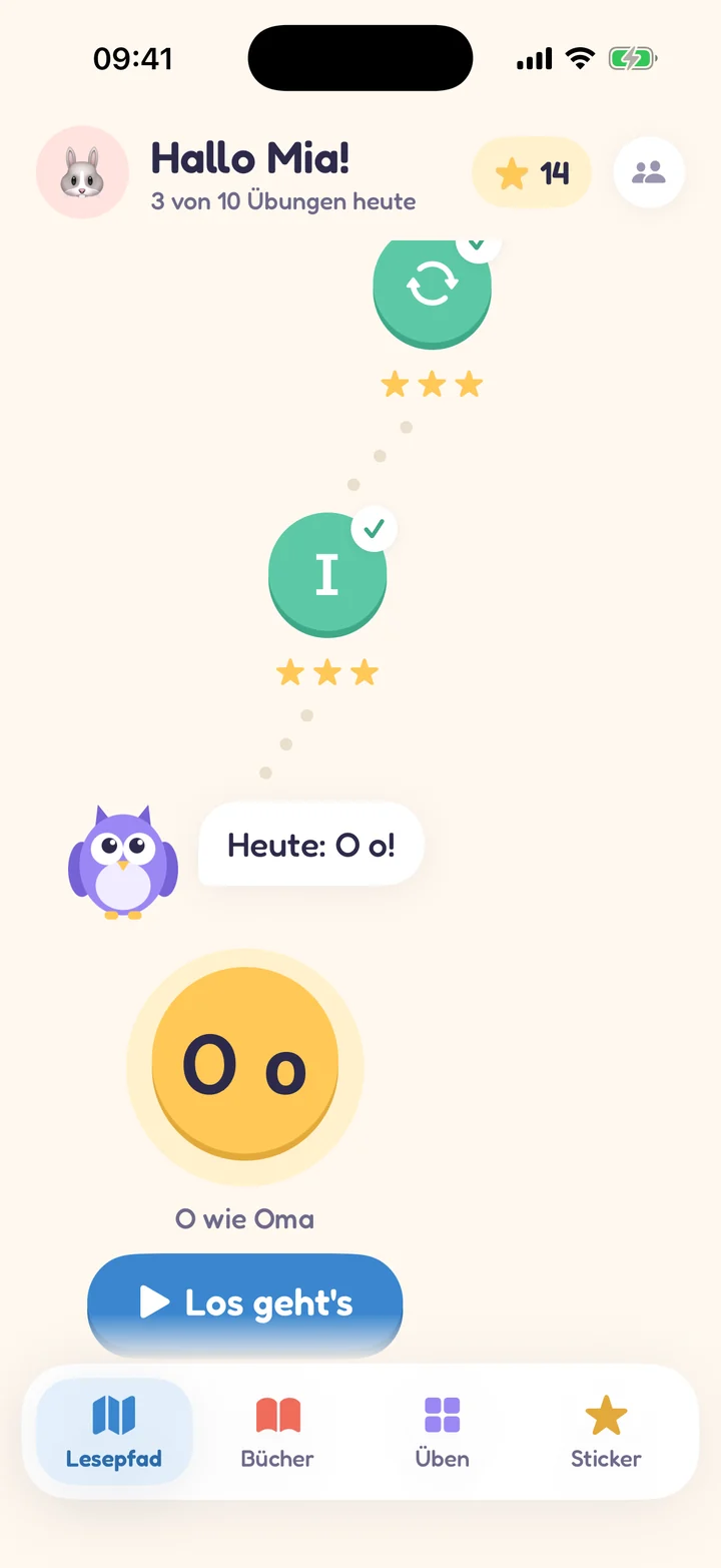 Der Lesepfad in Lino liest: erledigte Buchstaben mit Sternen, Lino sagt „Heute: O o!“ und ein großer Knopf „Los geht's“.